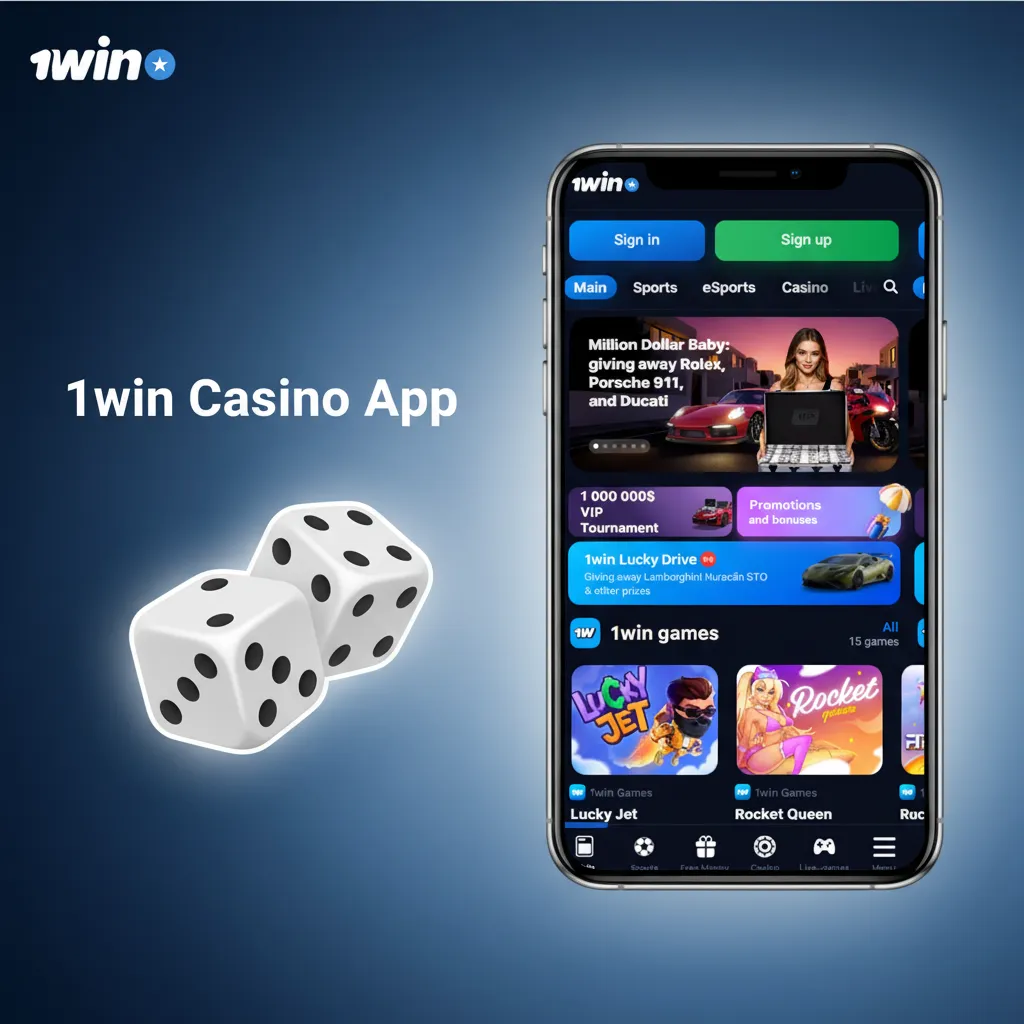 1win Casino app home screen showing casino tab with slots, tables, live dealers, and promos from Pragmatic Play and NetEnt.