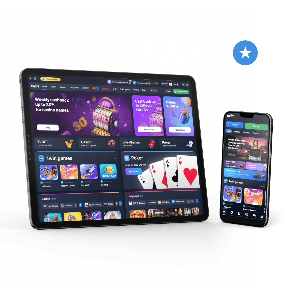 1win online betting and casino platform on tablet and mobile – play poker, live casino, sports betting, and slot games with cashback and bonus offers.